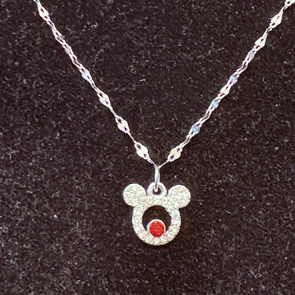 Rhinestone Minnie Mouse w/ruby red birthstone charm necklace